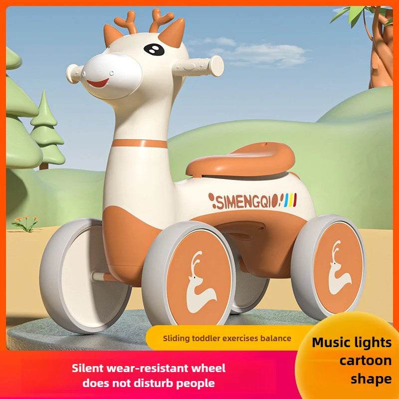 Four Wheels Children Balance Bike with Music Lights Infant Baby Walker Toddler First Bicycle Ride on Toy Gifts for Kids Aged 1-3