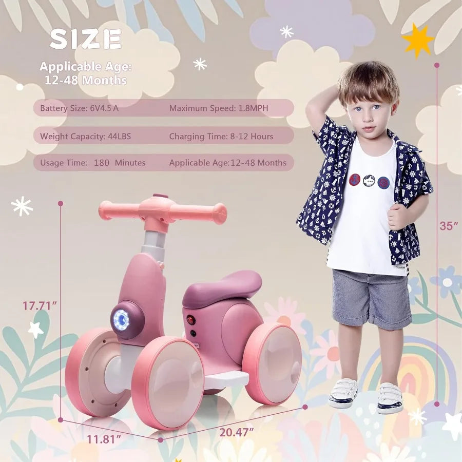 6V Electric Baby Balance Bike for 1 Year Old Boys Girls Ride on Toys 12-48 Months Toddler Balance Bike 4 Wheels First Bike with